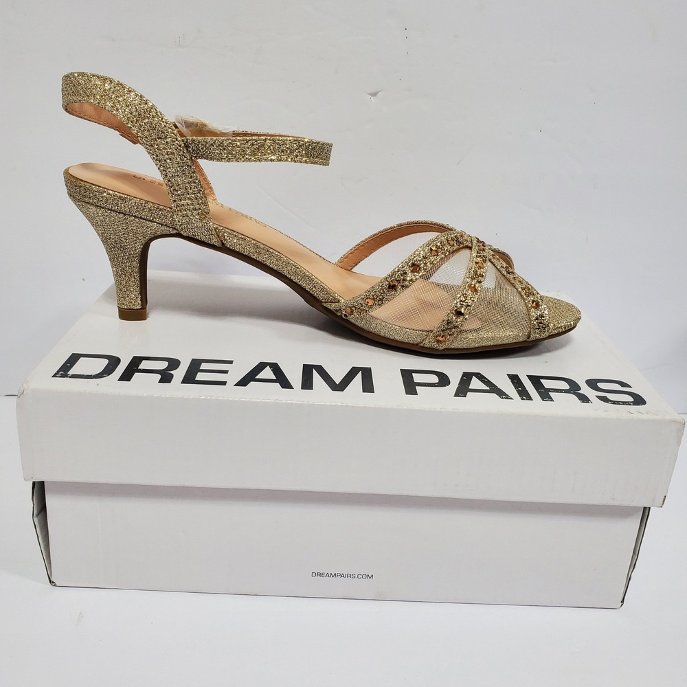 Dream Pairs Kitten Heel Sandals Womens 6.5 Gold New Glitter Rhinestone Formal